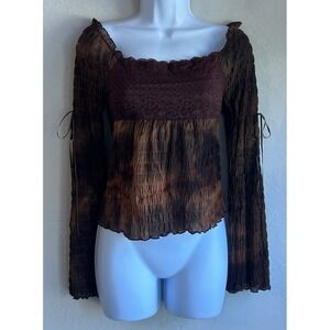 Vintage Y2K FANG Brown Smocked Babydoll Top M Fairy Grunge Whimsigoth Bow Sheer